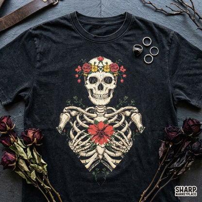 Floral skeleton torso with red bloom and flower crown Halloween skull PNG sublimation design for shirts