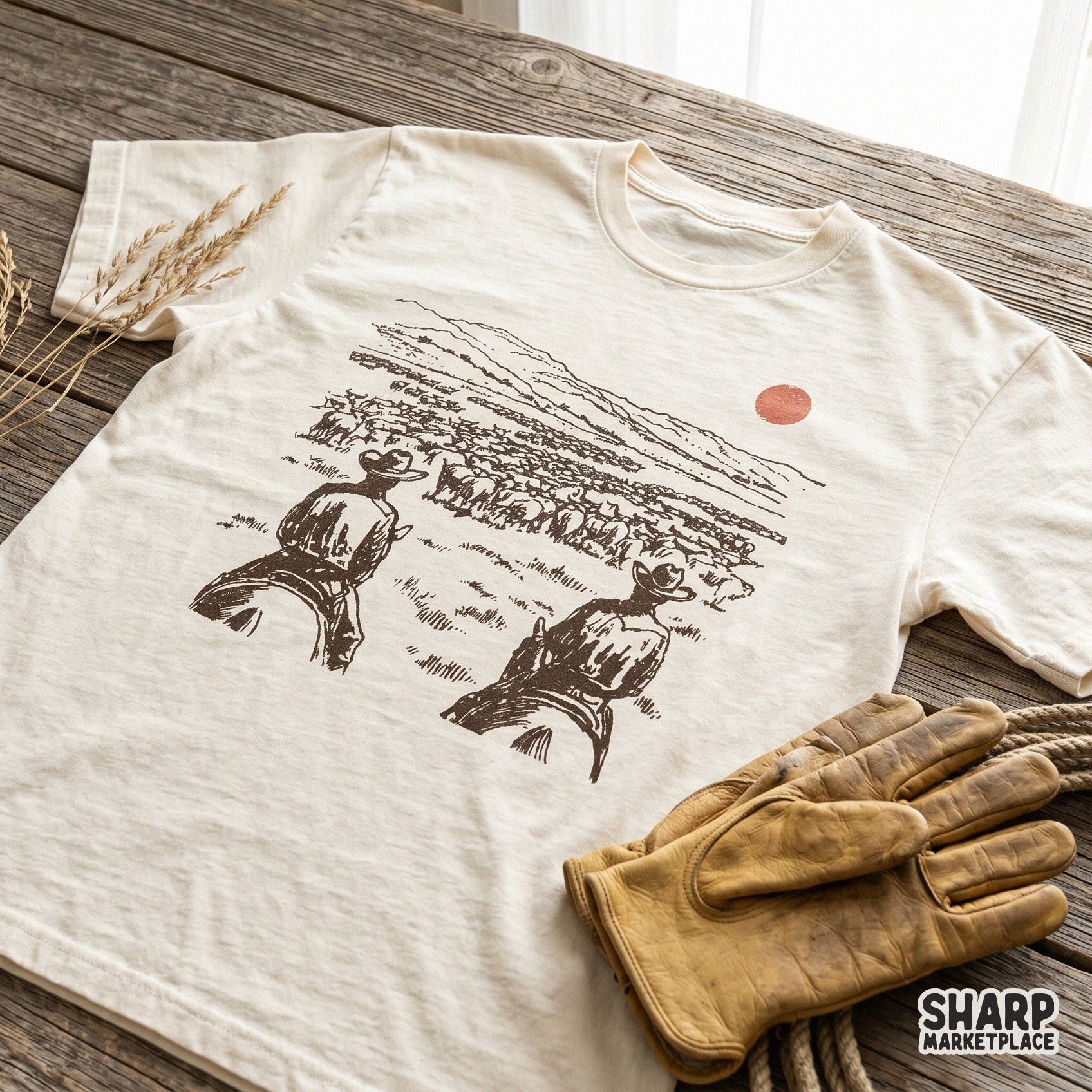T-shirt mockup featuring a detailed western cattle drive illustration with two cowboys and a herd, perfect for custom ranch-themed apparel designs.