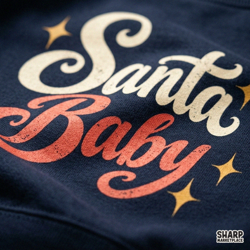 Retro Santa Baby Christmas typography PNG design with vintage coquette aesthetic and sparkle stars for t-shirts