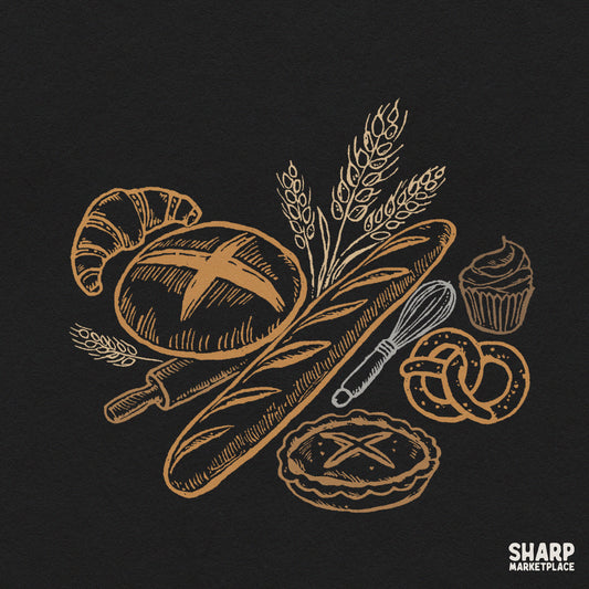 Vintage bakery assortment PNG featuring autumn bread and croissants for kitchen art and t-shirt sublimation