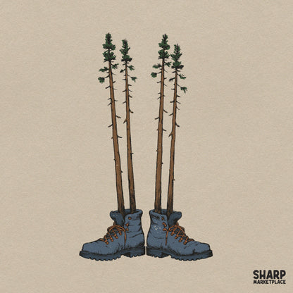 Pine Trees In Hiking Boots Outdoor Adventure Art, Trendy
