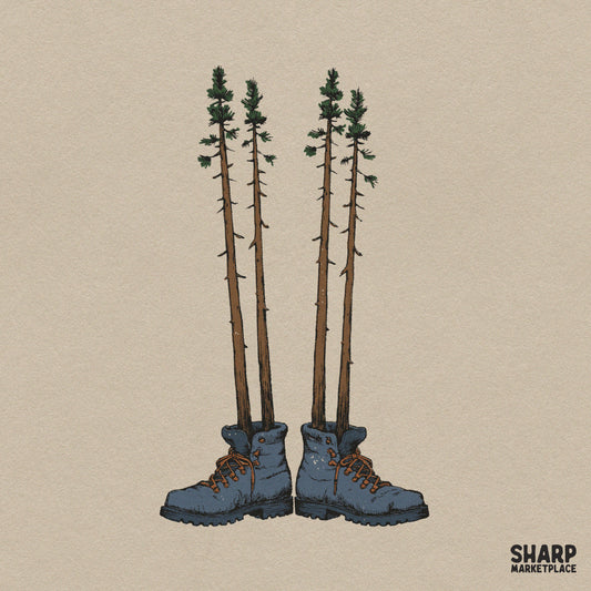 Pine Trees In Hiking Boots Outdoor Adventure Art, Trendy