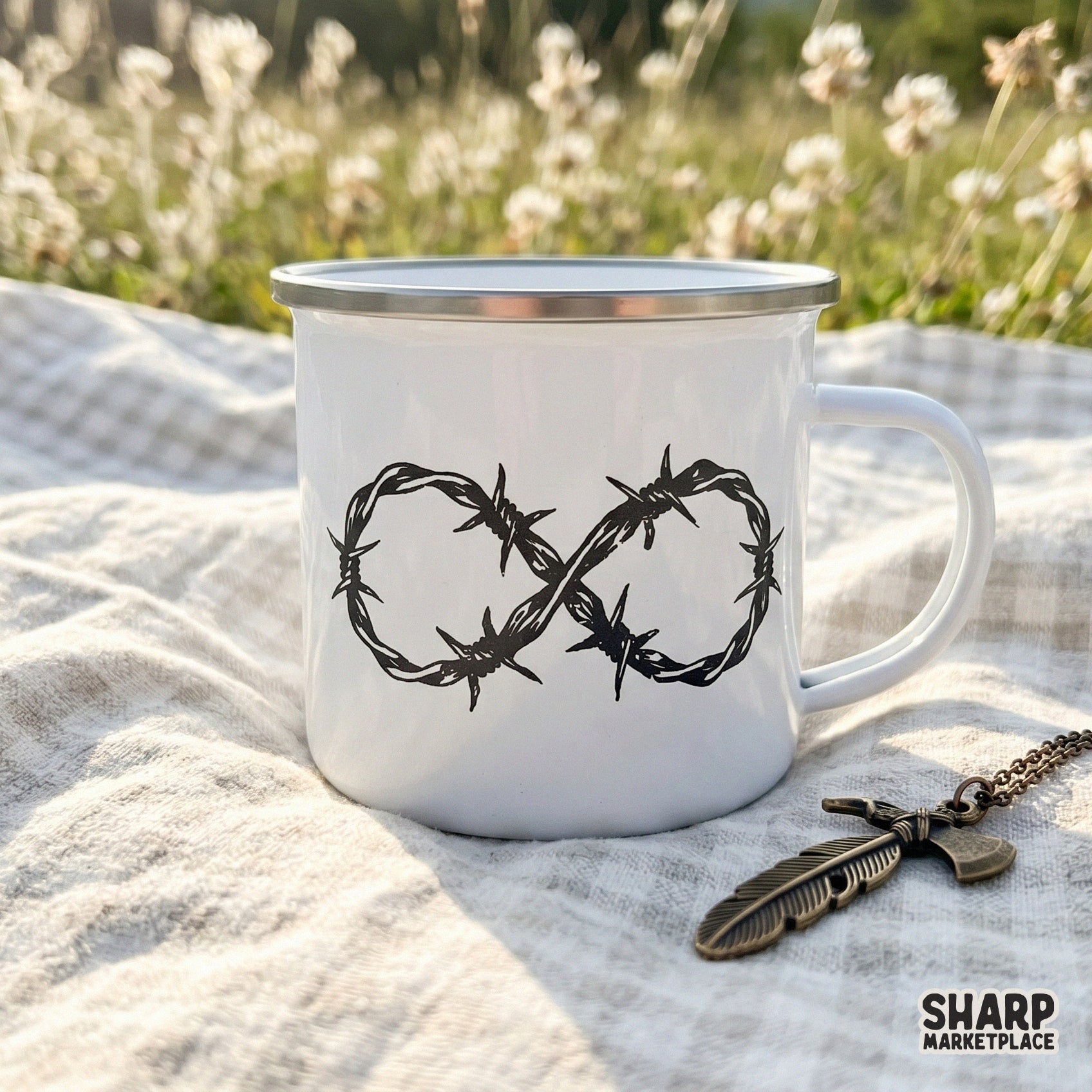 Versatile black ink barbed wire loop shaped like an infinity heart, designed for edgy apparel, DTF printing, and dark-themed creative DIY projects.