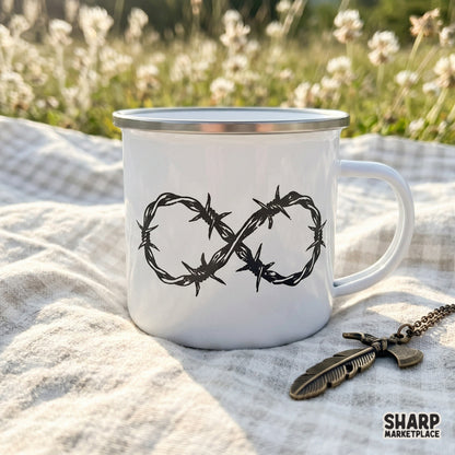 Versatile black ink barbed wire loop shaped like an infinity heart, designed for edgy apparel, DTF printing, and dark-themed creative DIY projects.