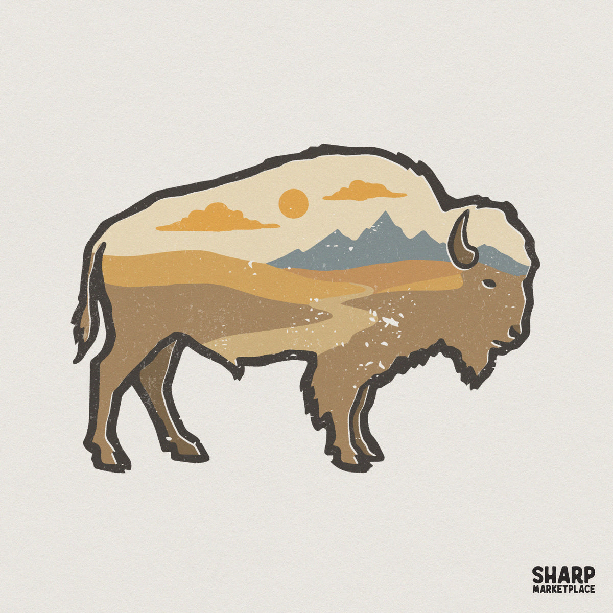 Retro buffalo silhouette digital design featuring a vintage desert mountain landscape with a sunset, perfect for sublimation and apparel printing.