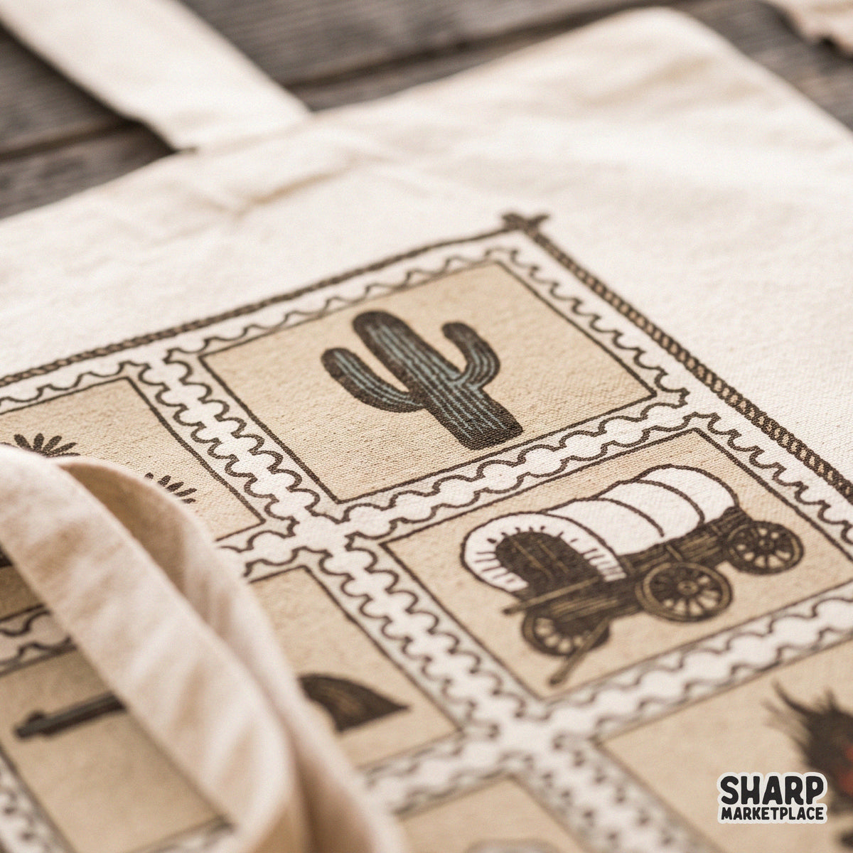 Vintage wild west postage stamp grid design with cactus and revolvers for western country music apparel and t-shirts