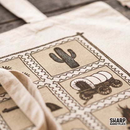 Vintage wild west postage stamp grid design with cactus and revolvers for western country music apparel and t-shirts