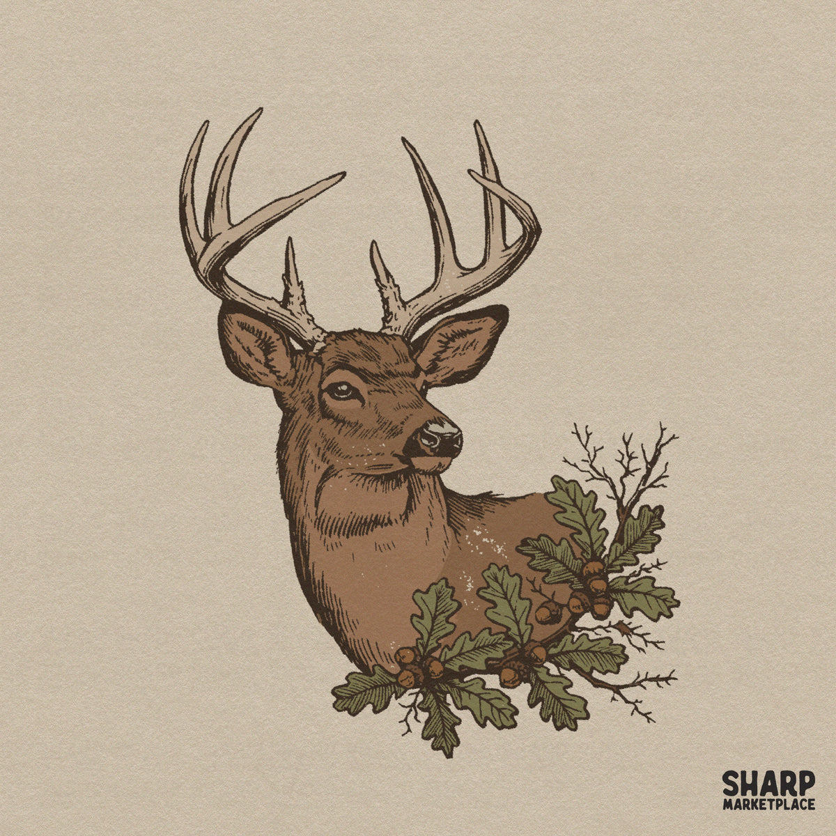 Vintage buck deer head with antlers surrounded by oak leaves and acorns fall hunting sublimation PNG design
