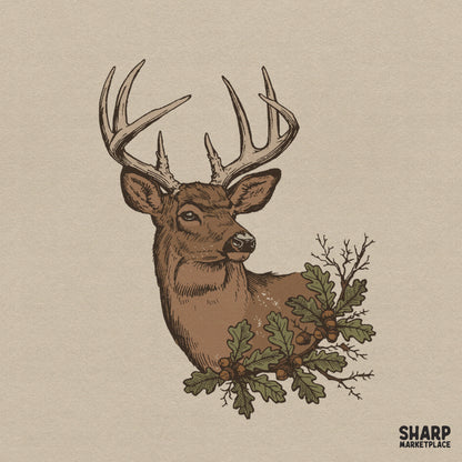 Vintage buck deer head with antlers surrounded by oak leaves and acorns fall hunting sublimation PNG design