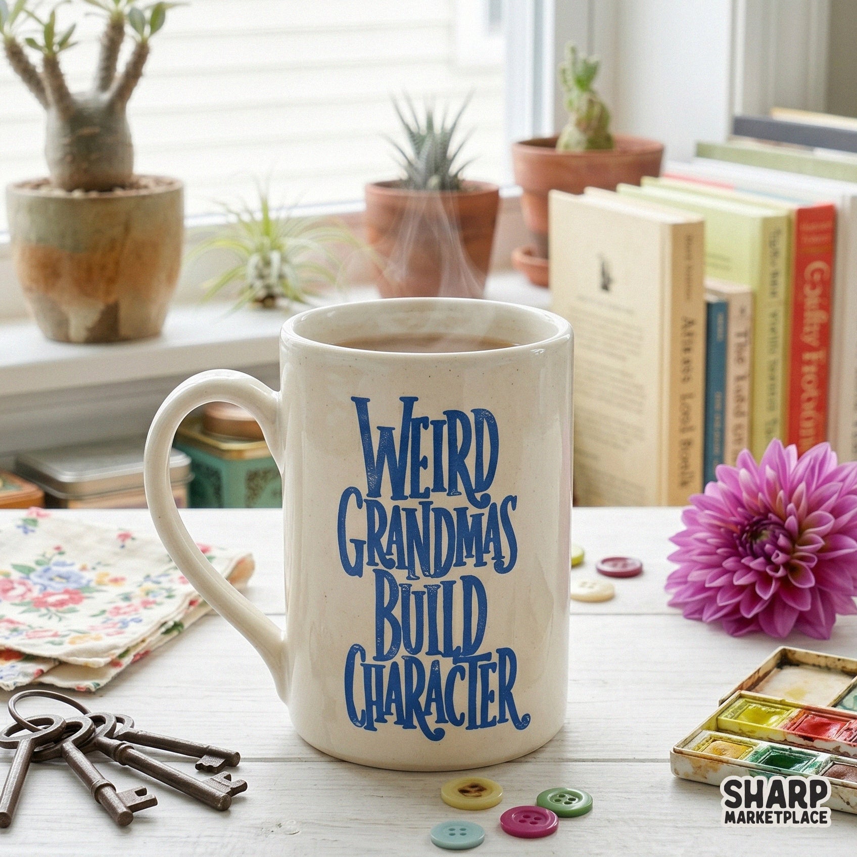 Vintage-inspired blue typography reading Weird Grandmas Build Character, a funny digital graphic for Mother's Day shirts and sarcastic DIY gifts.