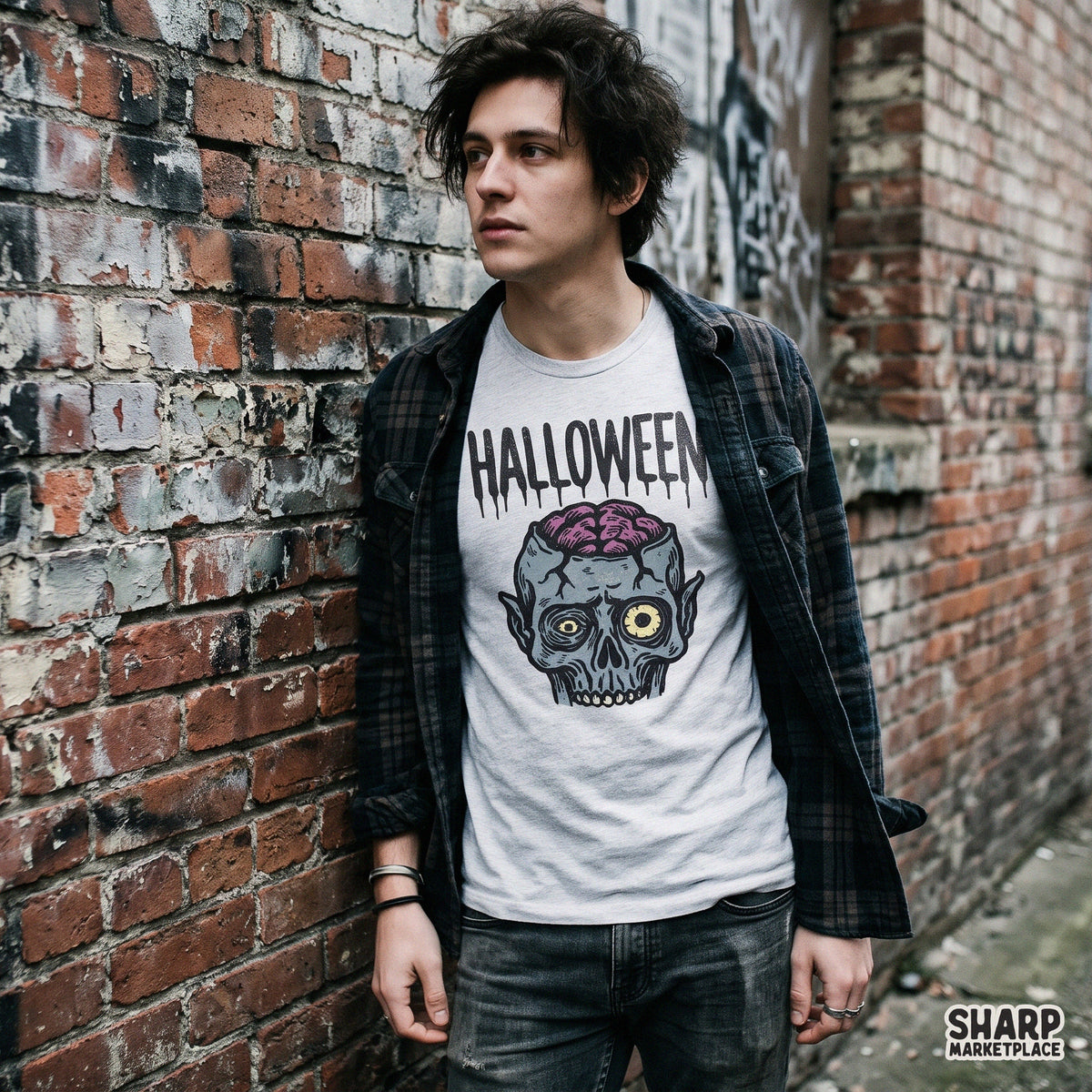 Trendy zombie with exposed brain Halloween PNG sublimation design for spooky season horror shirts