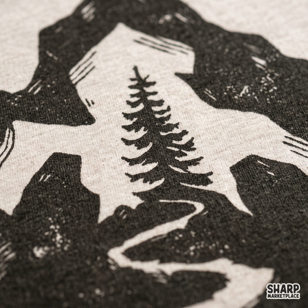 Mountain silhouette with pine tree and river cutout PNG design for outdoor adventure t-shirts and camping crafts