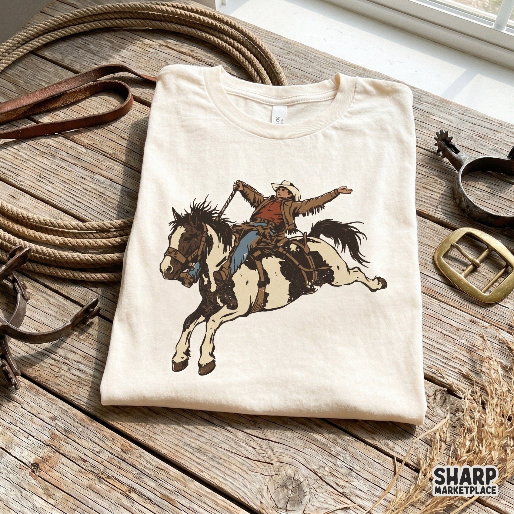 Detailed digital illustration of a bucking bronco and rider in a retro western style, suitable for t-shirt printing and DIY crafts.