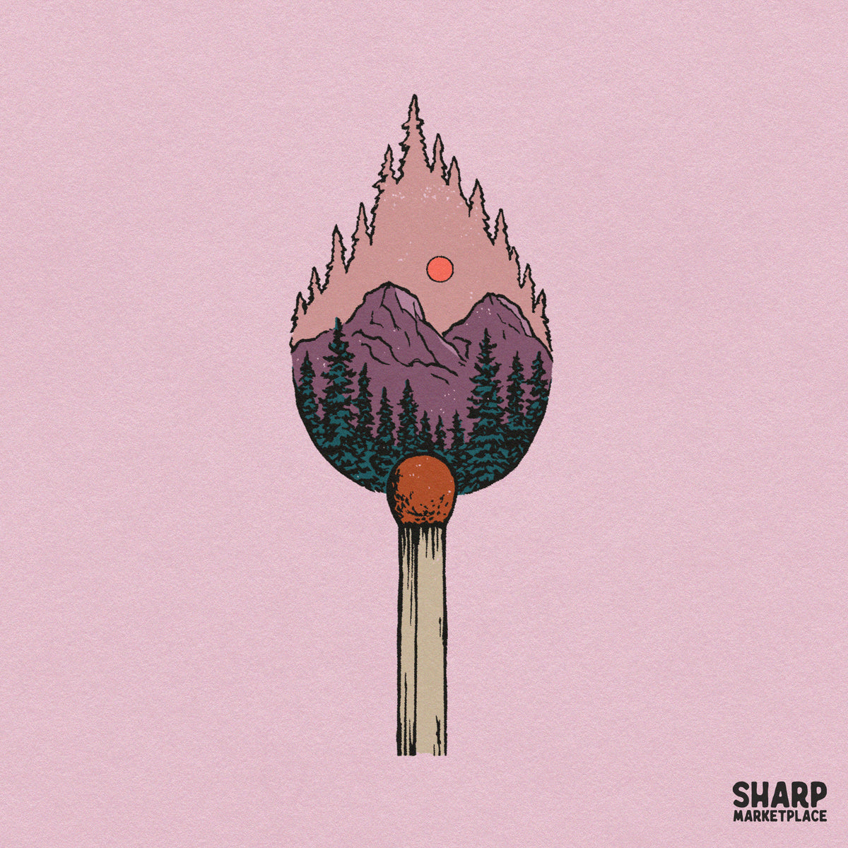 Mountain Forest Matchstick Flame Art, Trendy PNG Nature