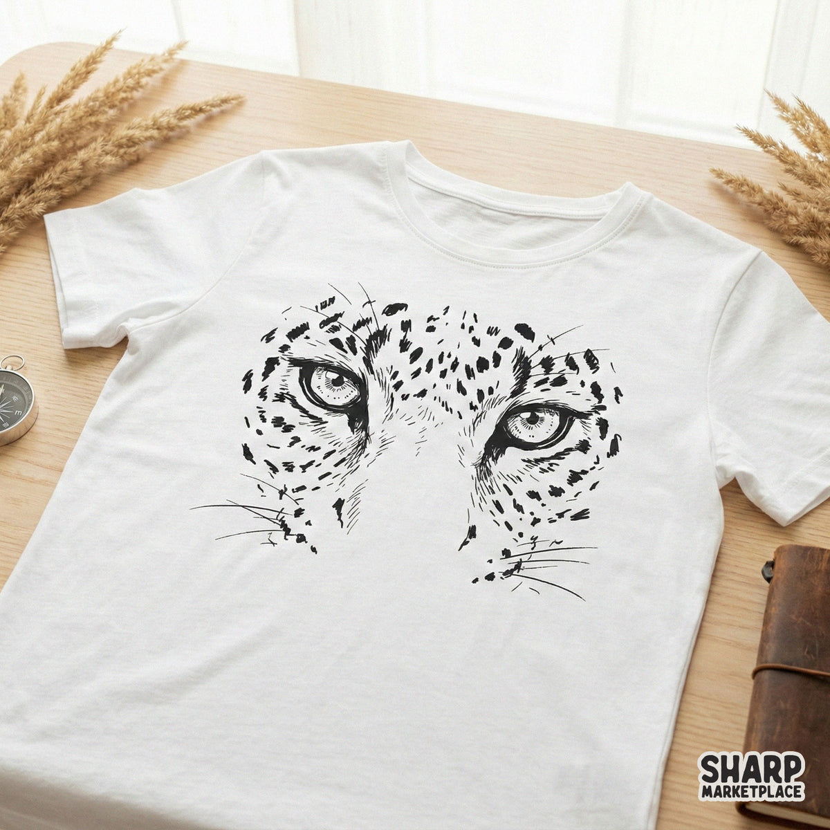 Minimalist black and white leopard eyes design printed on a white t-shirt, showcasing a bold, hand-drawn big cat aesthetic for apparel.