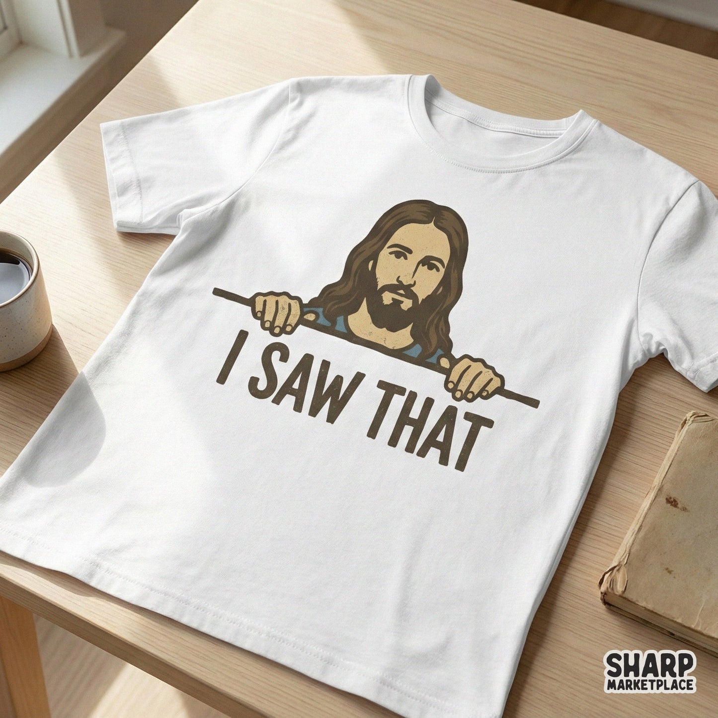 Funny religious digital design featuring a hand-drawn figure peering over a line with the caption I Saw That, perfect for sublimation and t-shirt printing.