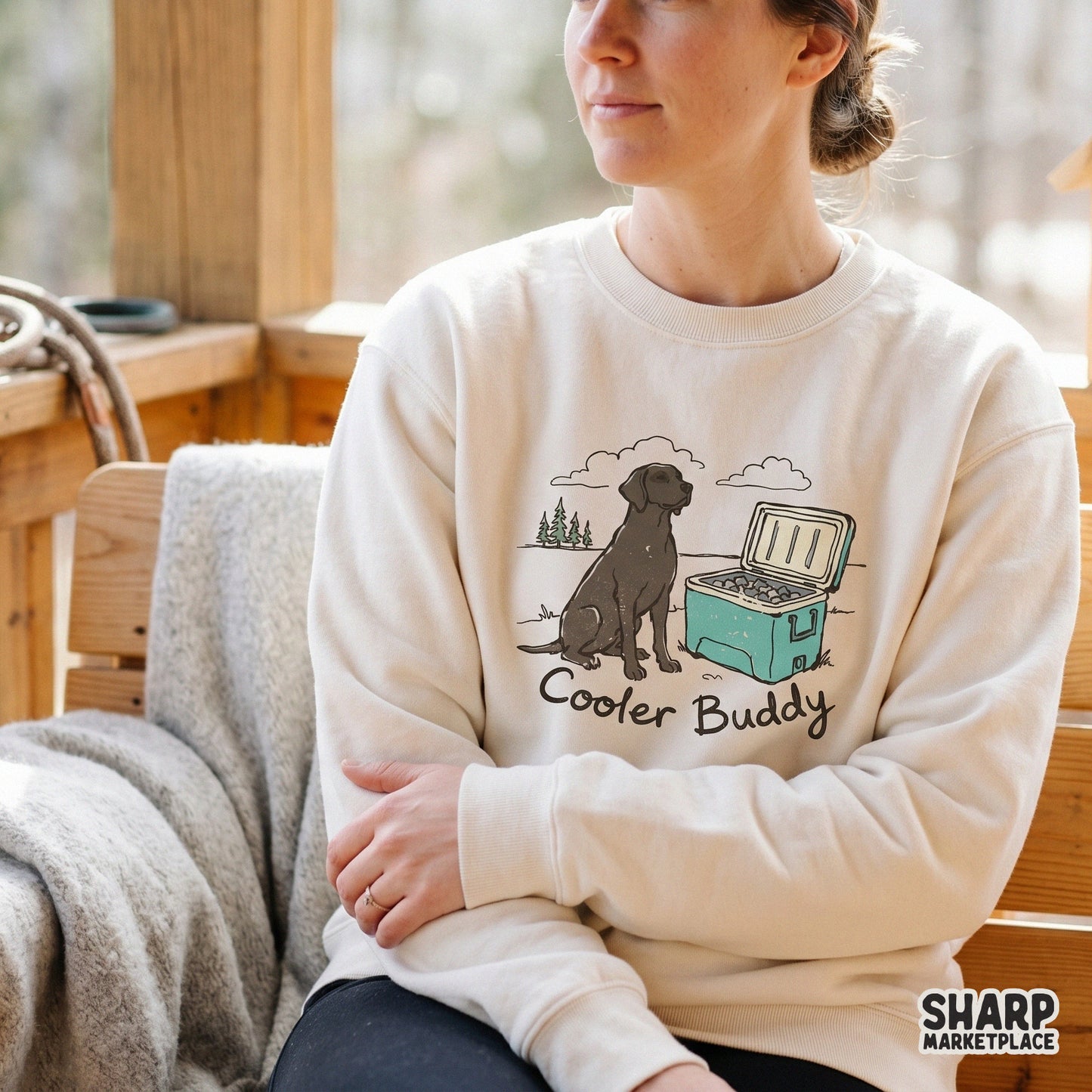 Rustic outdoor-themed digital art with a chocolate Labrador, ice chest, trees, and clouds, suitable for printing on summer shirts, stickers, or tumblers.