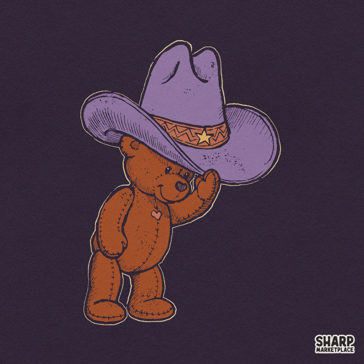 Cute Brown Teddy Bear Tipping Purple Hat, Western PNG