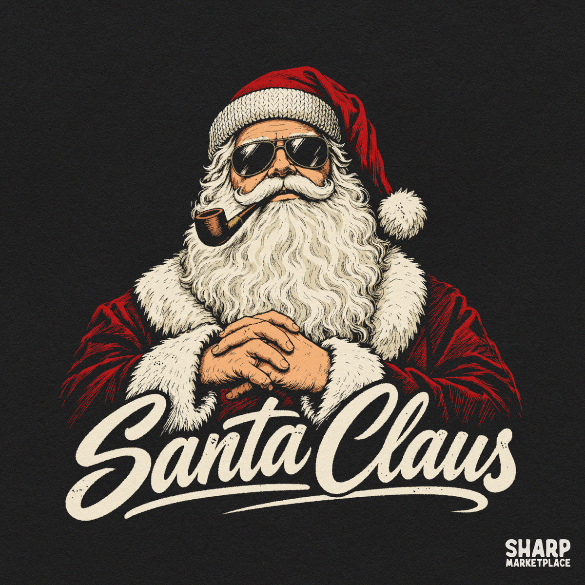 Cool vintage Santa Claus wearing sunglasses with pipe funny retro Christmas PNG clipart graphic for holiday t-shirts