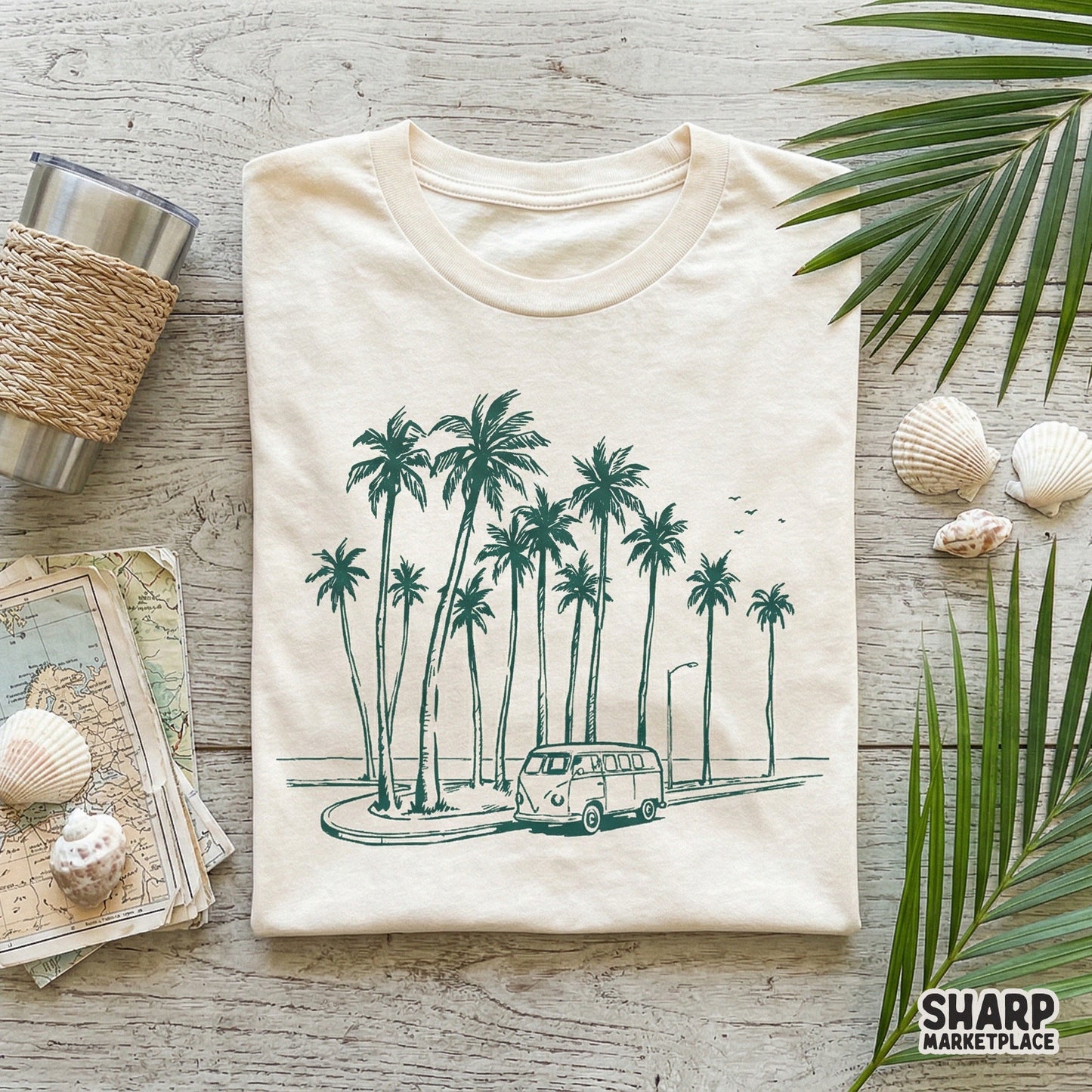 Summer-themed digital illustration of a van on a beach road, rendered in a sketchy ink style for versatile print-on-demand apparel designs.