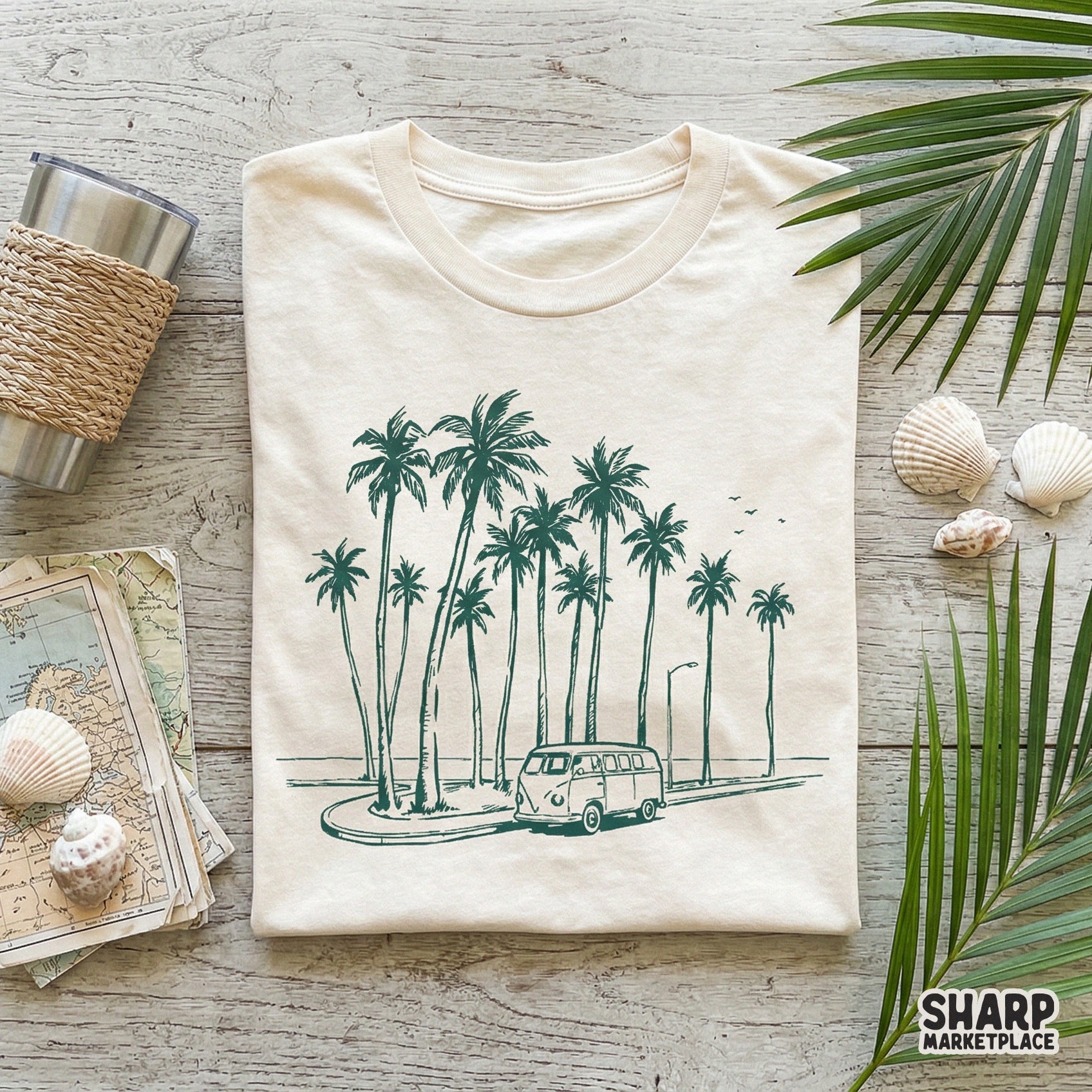 Summer-themed digital illustration of a van on a beach road, rendered in a sketchy ink style for versatile print-on-demand apparel designs.