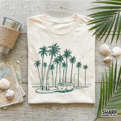 Summer-themed digital illustration of a van on a beach road, rendered in a sketchy ink style for versatile print-on-demand apparel designs.