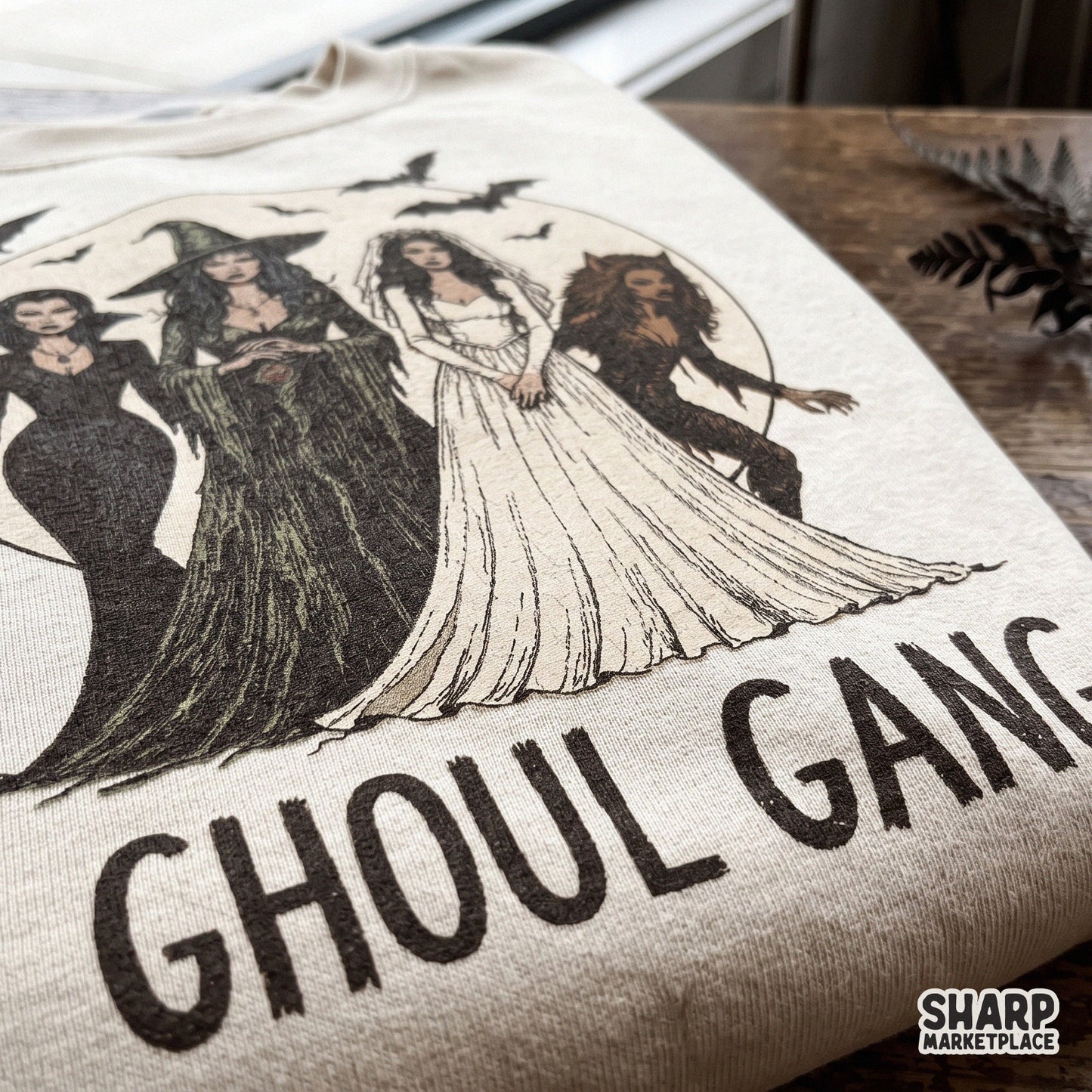 Retro Ghoul Gang Halloween PNG with spooky monster squad and witches for cute horror aesthetic fall shirt designs