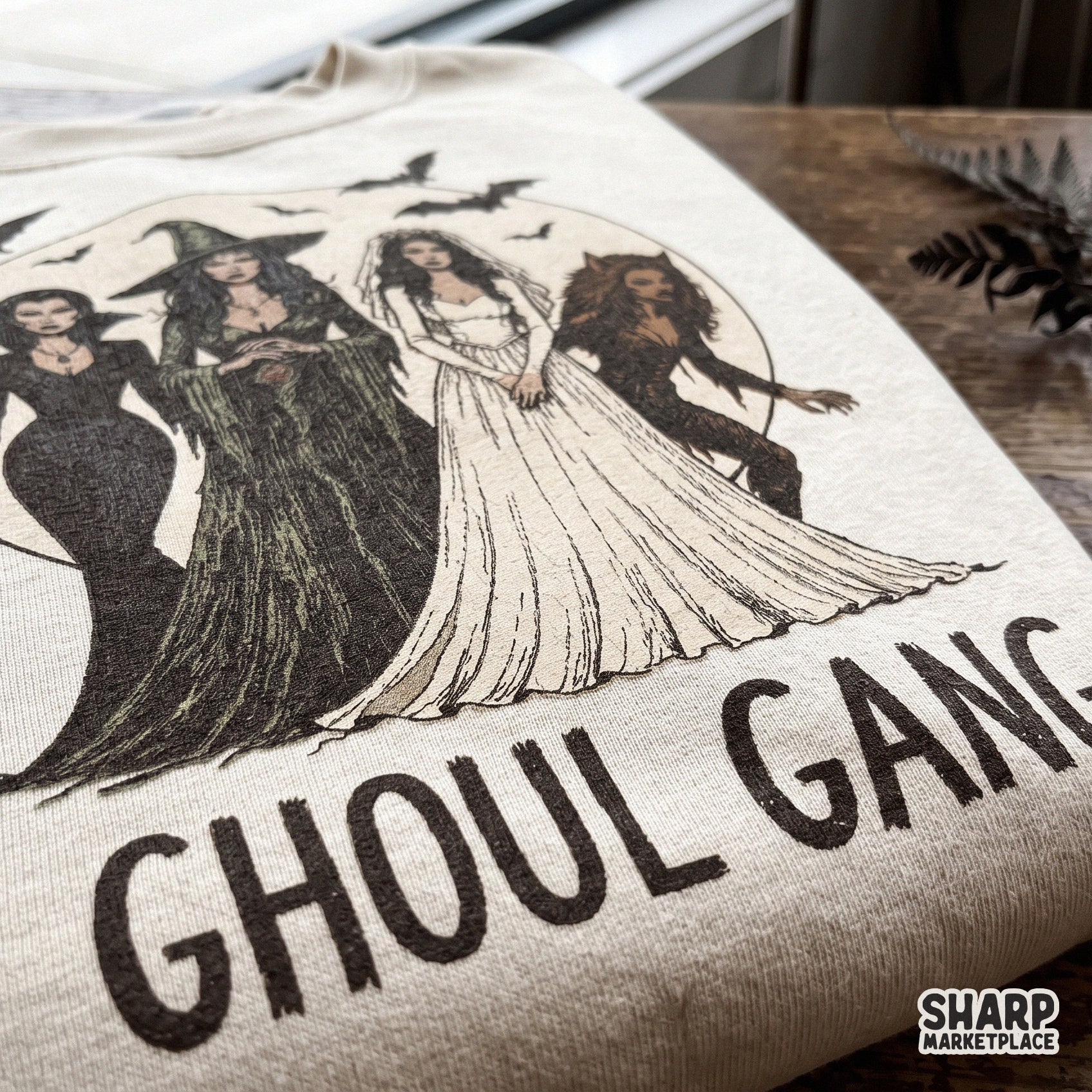 Retro Ghoul Gang Halloween PNG with spooky monster squad and witches for cute horror aesthetic fall shirt designs