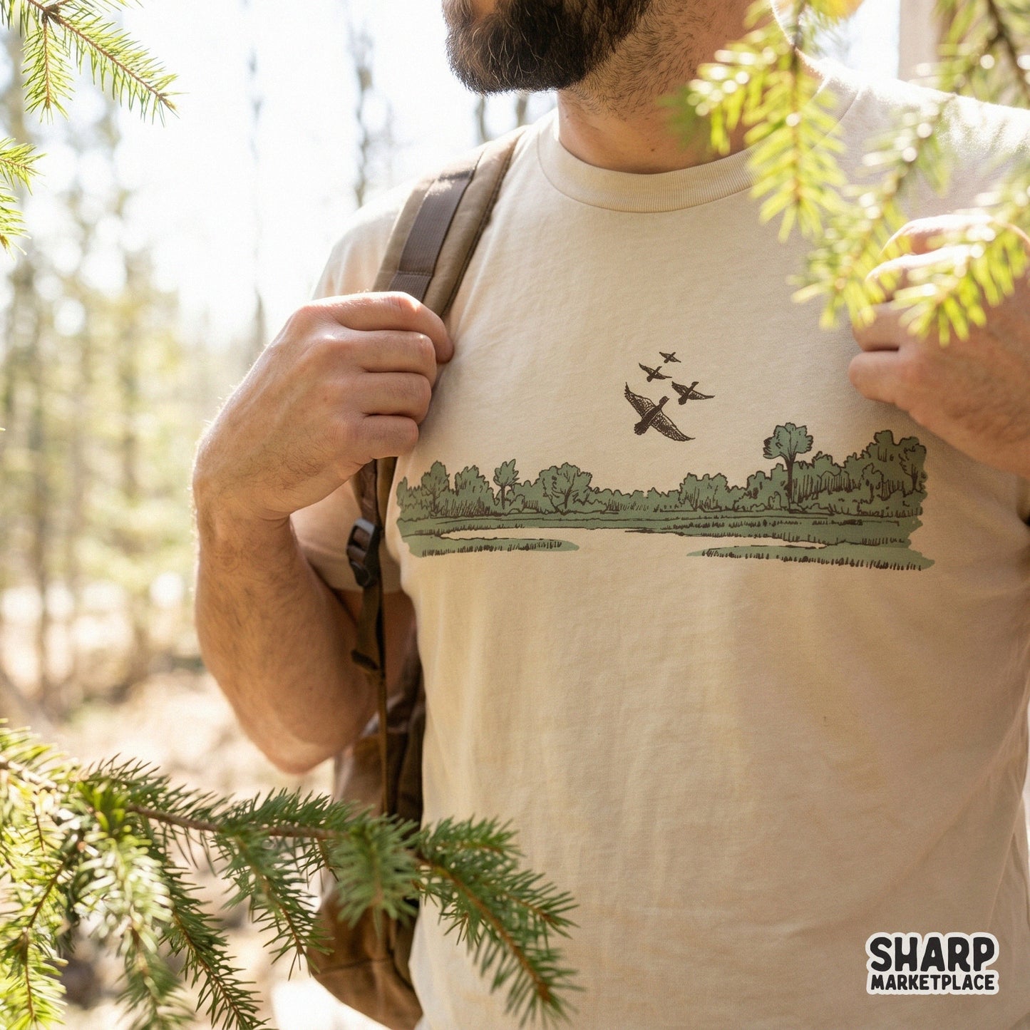 Retro style flock of ducks flying over a marsh landscape illustration for sublimation shirt designs
