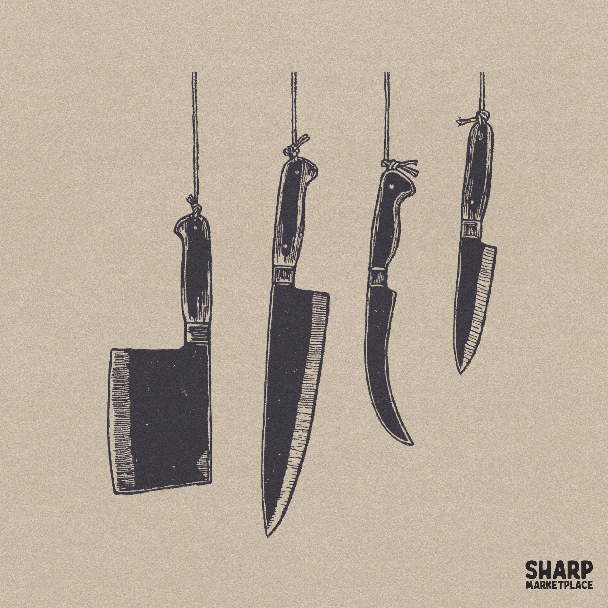 Hanging butcher knives retro dark art design for spooky season horror png and true crime apparel sublimation projects