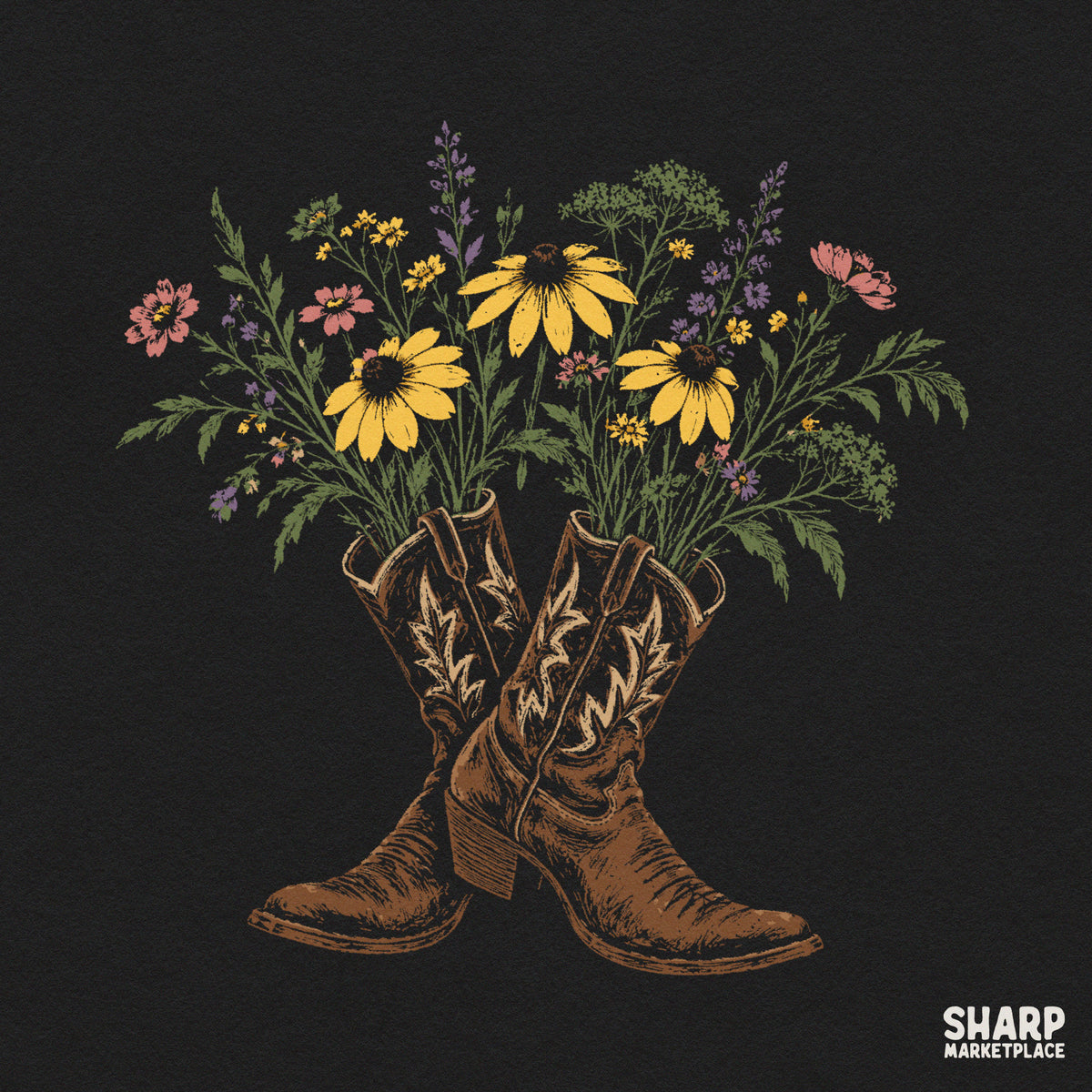 Crossed brown leather cowboy boots with a wildflower bouquet for western sublimation t-shirt designs