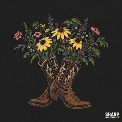 Crossed brown leather cowboy boots with a wildflower bouquet for western sublimation t-shirt designs