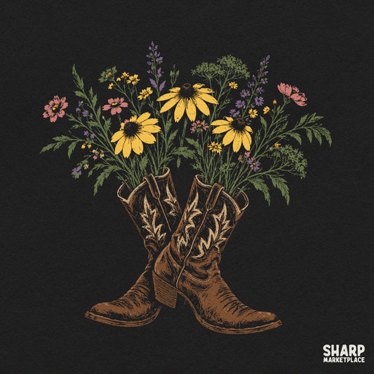 Crossed brown leather cowboy boots with a wildflower bouquet for western sublimation t-shirt designs