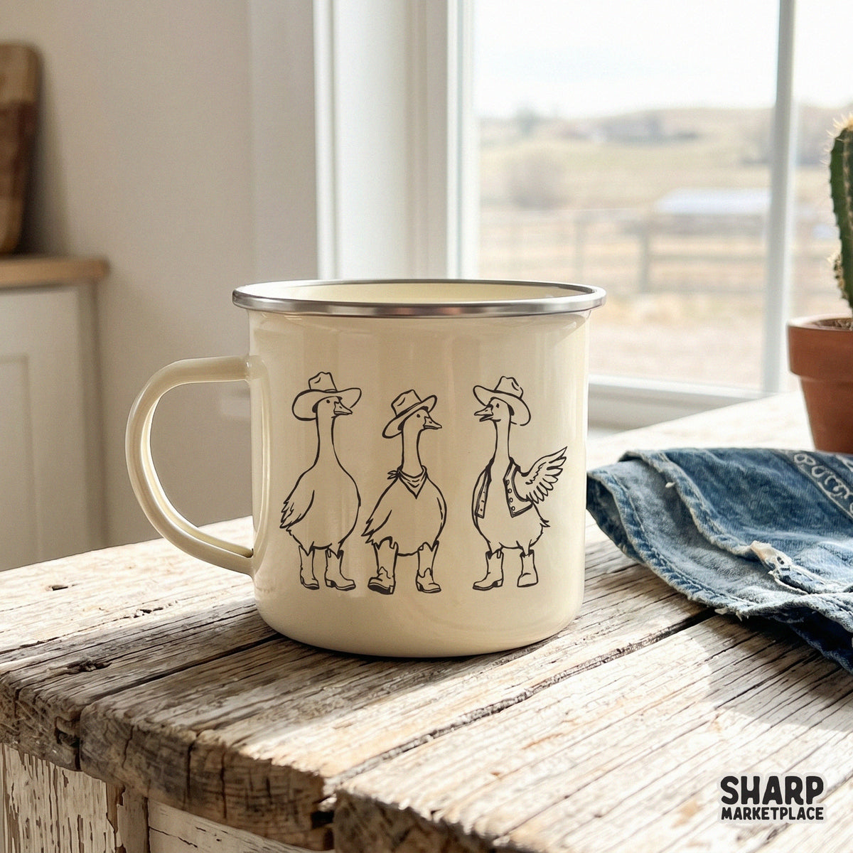 Hand-drawn western goose trio design in brown ink, ideal for creating custom apparel, stickers, or farm-themed sublimation projects.