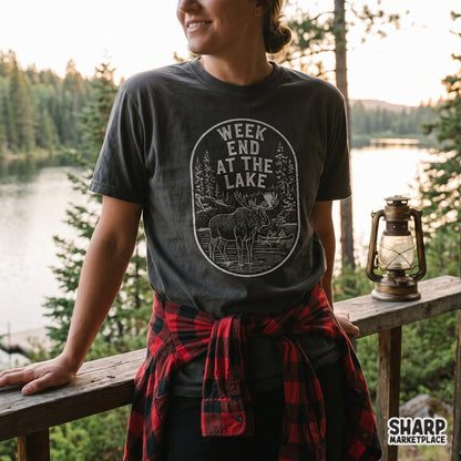 Rustic oval badge lake life shirt png design featuring a moose and canoe for summer camping apparel