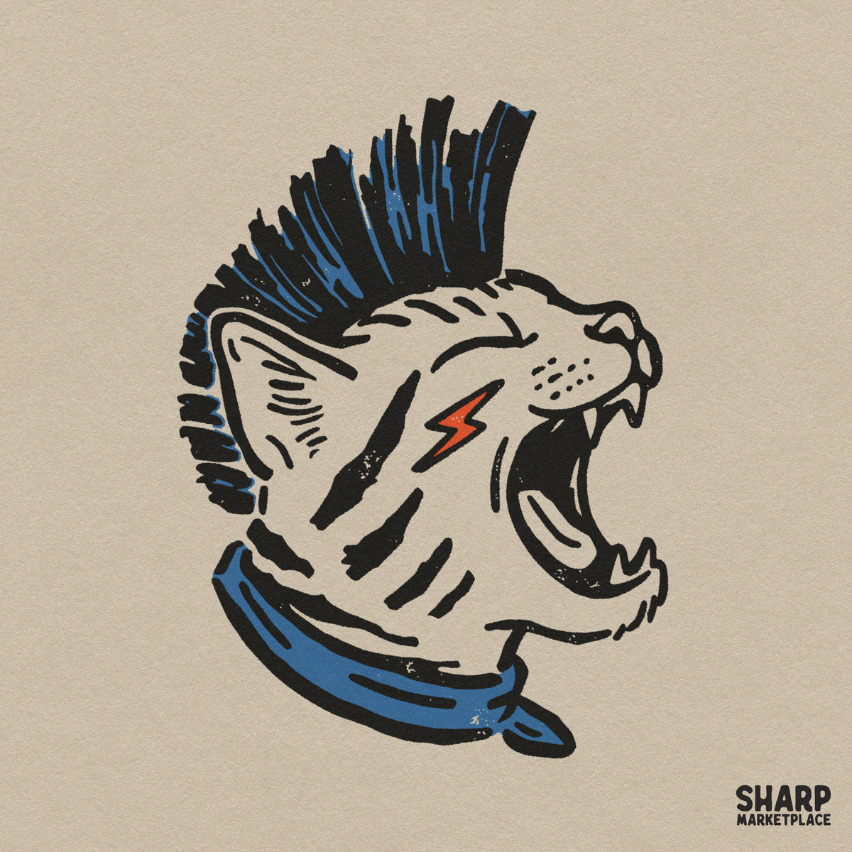 Vintage punk rock cat with a blue mohawk digital sublimation PNG graphic for streetwear t-shirts