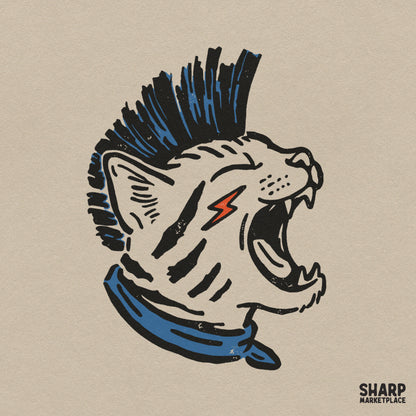 Vintage punk rock cat with a blue mohawk digital sublimation PNG graphic for streetwear t-shirts