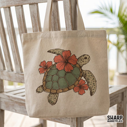 Vintage-inspired sea turtle design adorned with vibrant hibiscus blooms, displayed on a canvas tote bag for a summer beach aesthetic.
