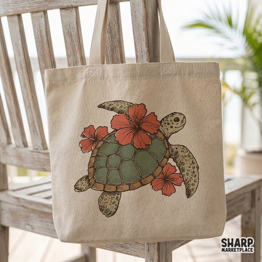 Vintage-inspired sea turtle design adorned with vibrant hibiscus blooms, displayed on a canvas tote bag for a summer beach aesthetic.