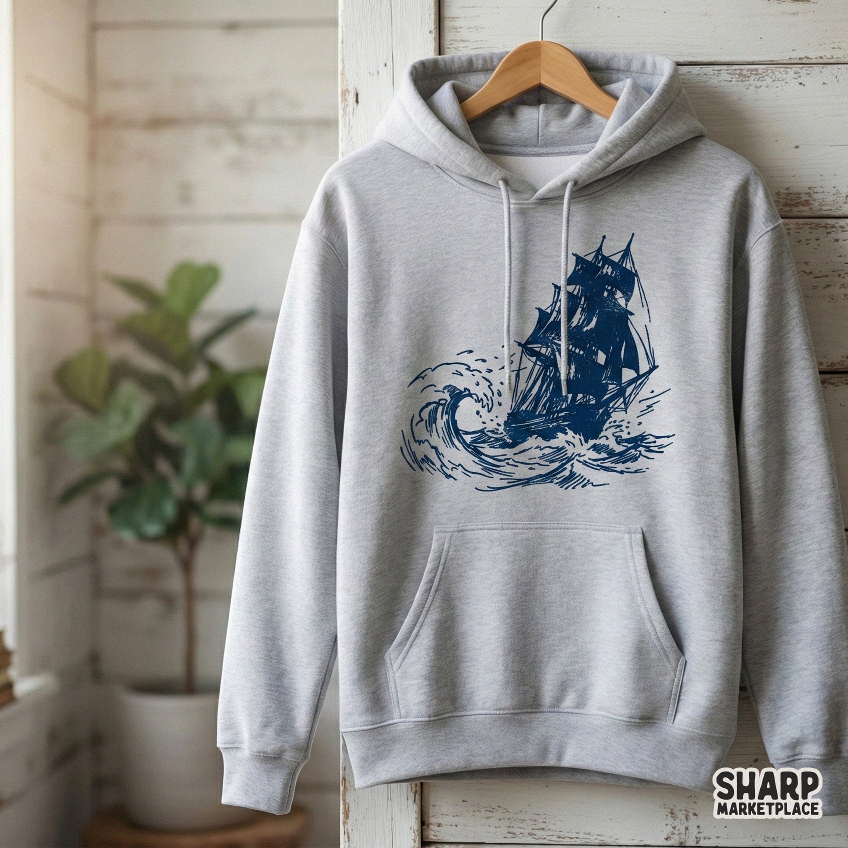 Monochromatic blue nautical design featuring a vintage ship and ocean waves, ideal for DIY home decor, printable posters, and custom clothing.