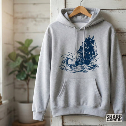 Monochromatic blue nautical design featuring a vintage ship and ocean waves, ideal for DIY home decor, printable posters, and custom clothing.