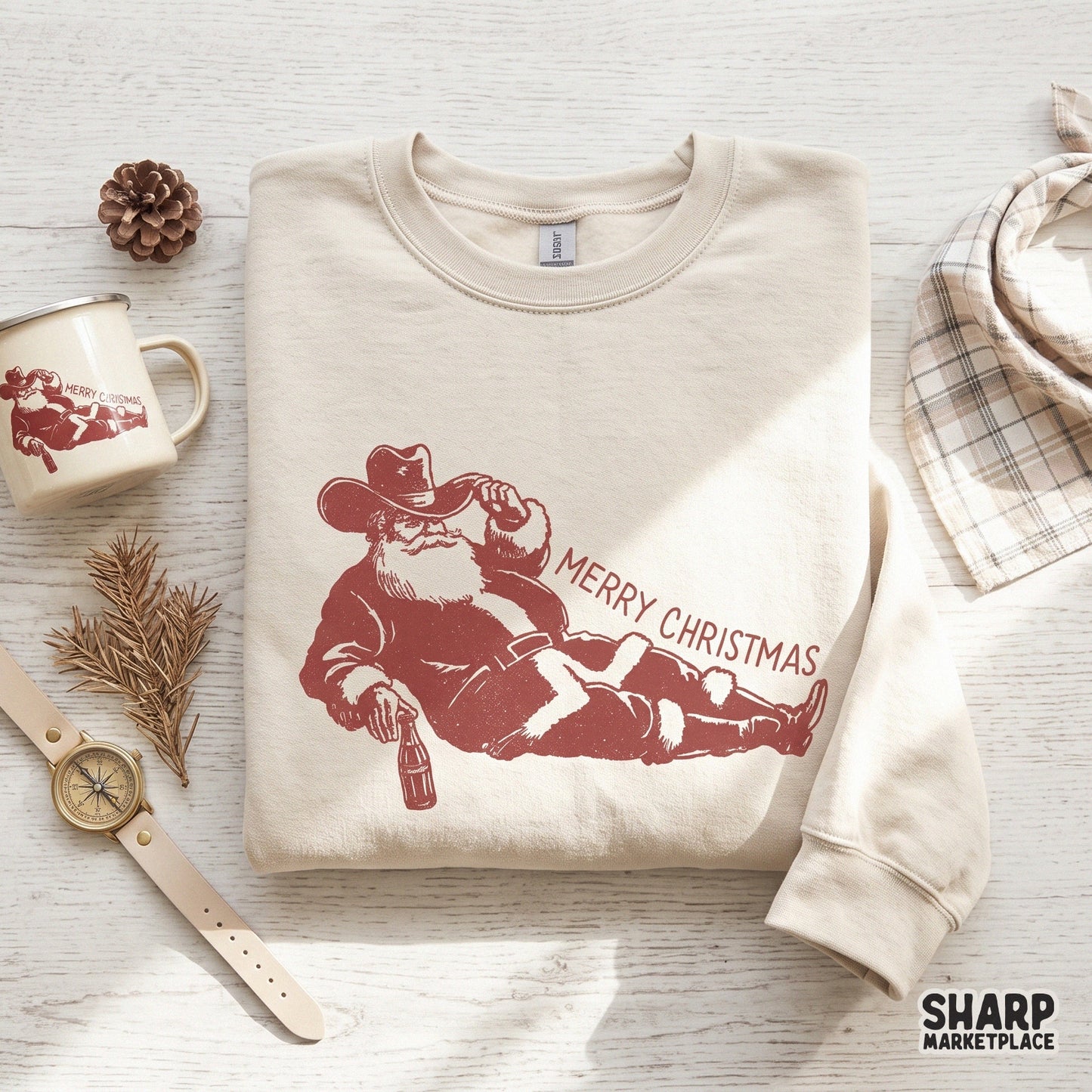 Funny lounging cowboy Santa drinking beer vintage retro western sublimation PNG for Christmas holiday shirts