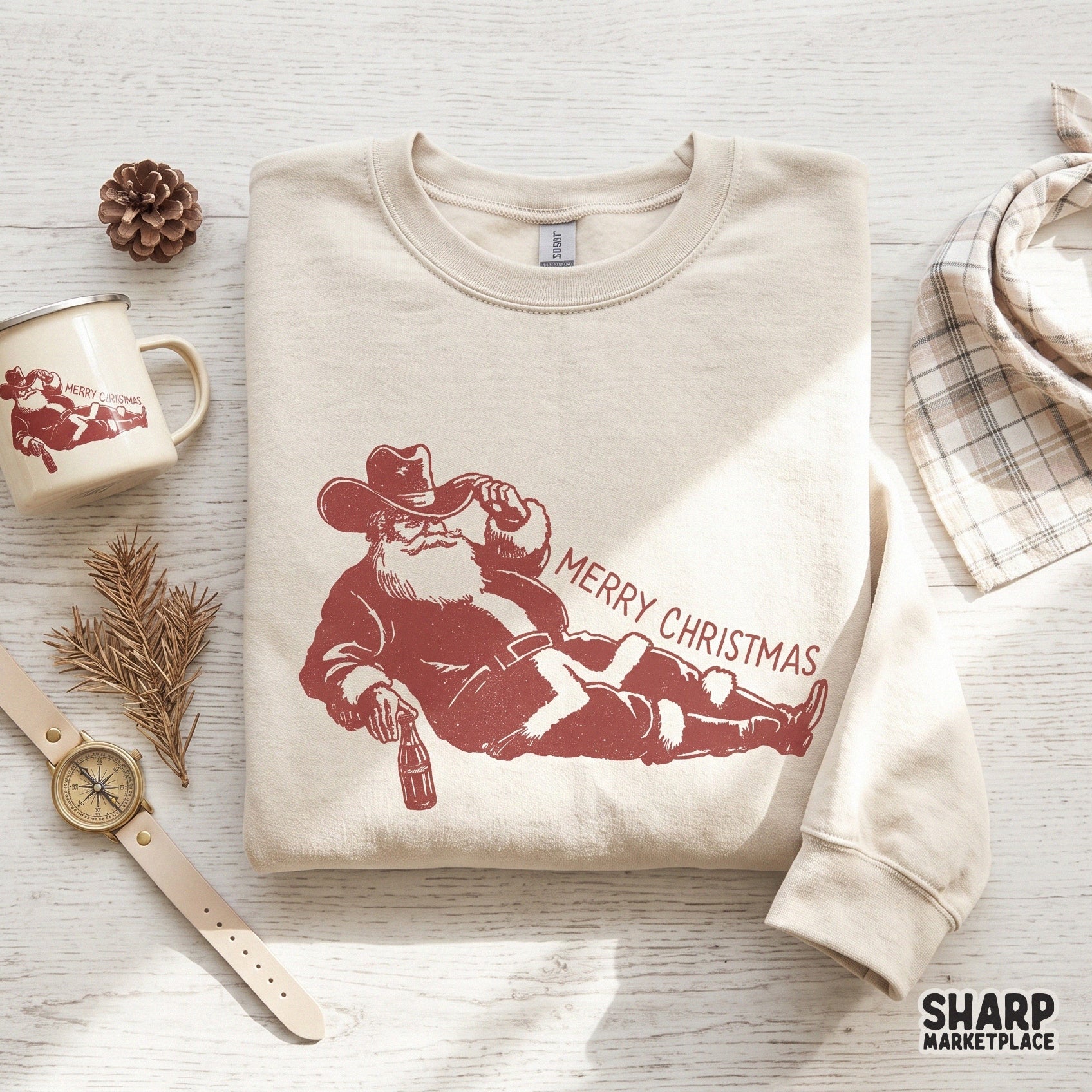 Funny lounging cowboy Santa drinking beer vintage retro western sublimation PNG for Christmas holiday shirts