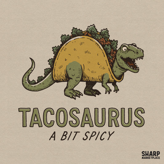 Funny retro Tacosaurus dinosaur eating a taco PNG sublimation design for sarcastic animal meme shirts