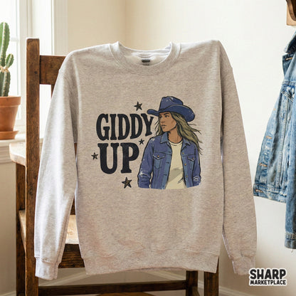 Digital western design featuring a stylish cowgirl, distressed denim textures, and bold typography, ideal for custom rodeo shirts and stickers.