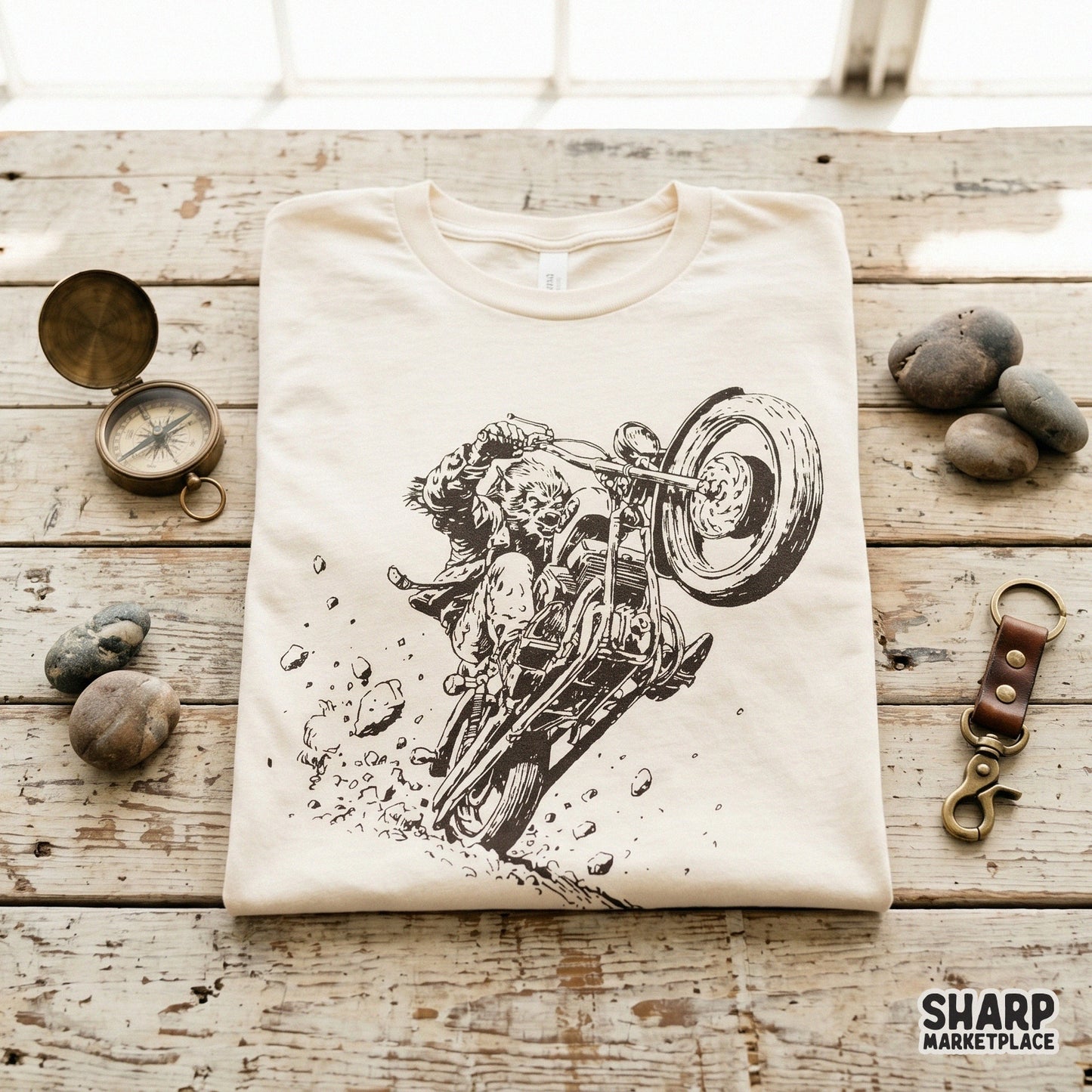 Retro werewolf riding a motorcycle biker art for spooky season Halloween shirt sublimation