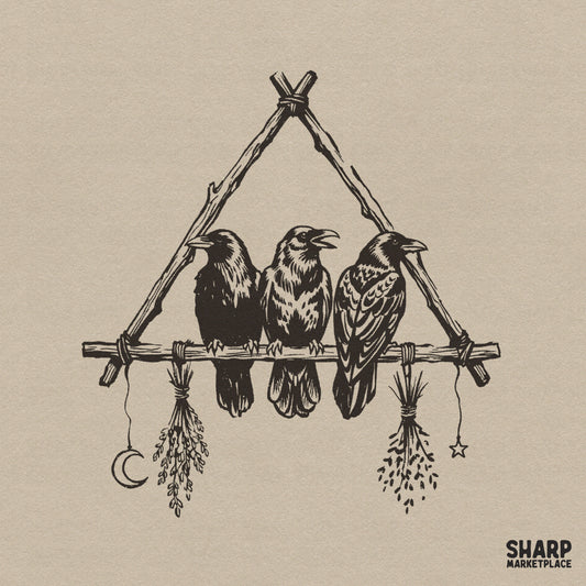 Mystic ravens on a gothic branch illustration for witchy pagan aesthetic art and spooky season sublimation shirt designs