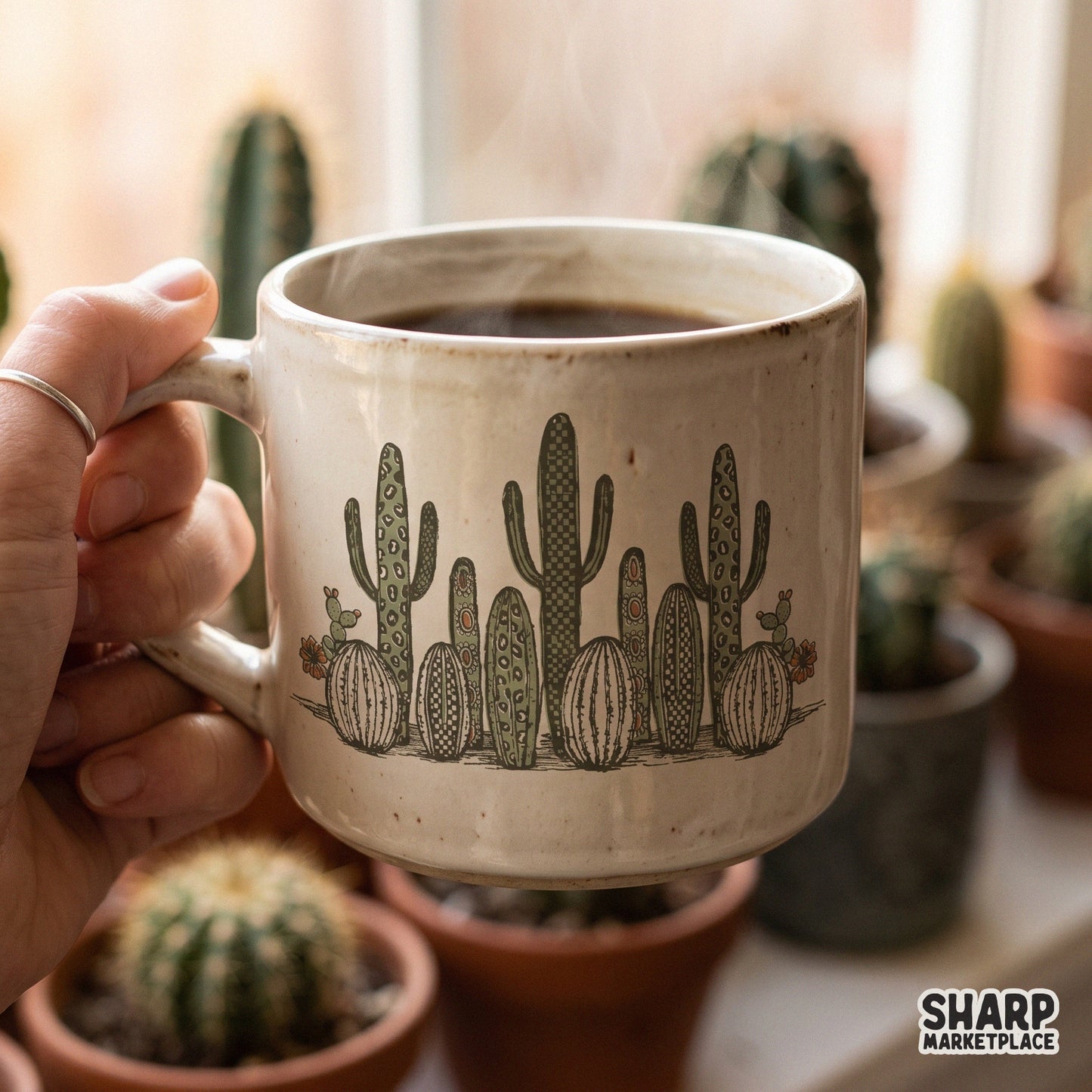 Boho western cactus garden with leopard and checkered patterns for trendy summer sublimation shirts and desert wall art