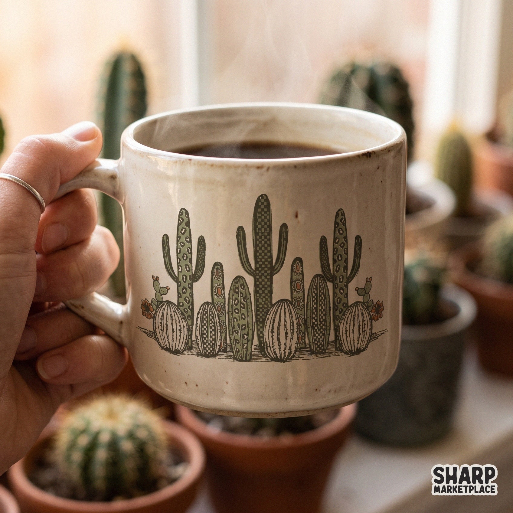 Boho western cactus garden with leopard and checkered patterns for trendy summer sublimation shirts and desert wall art