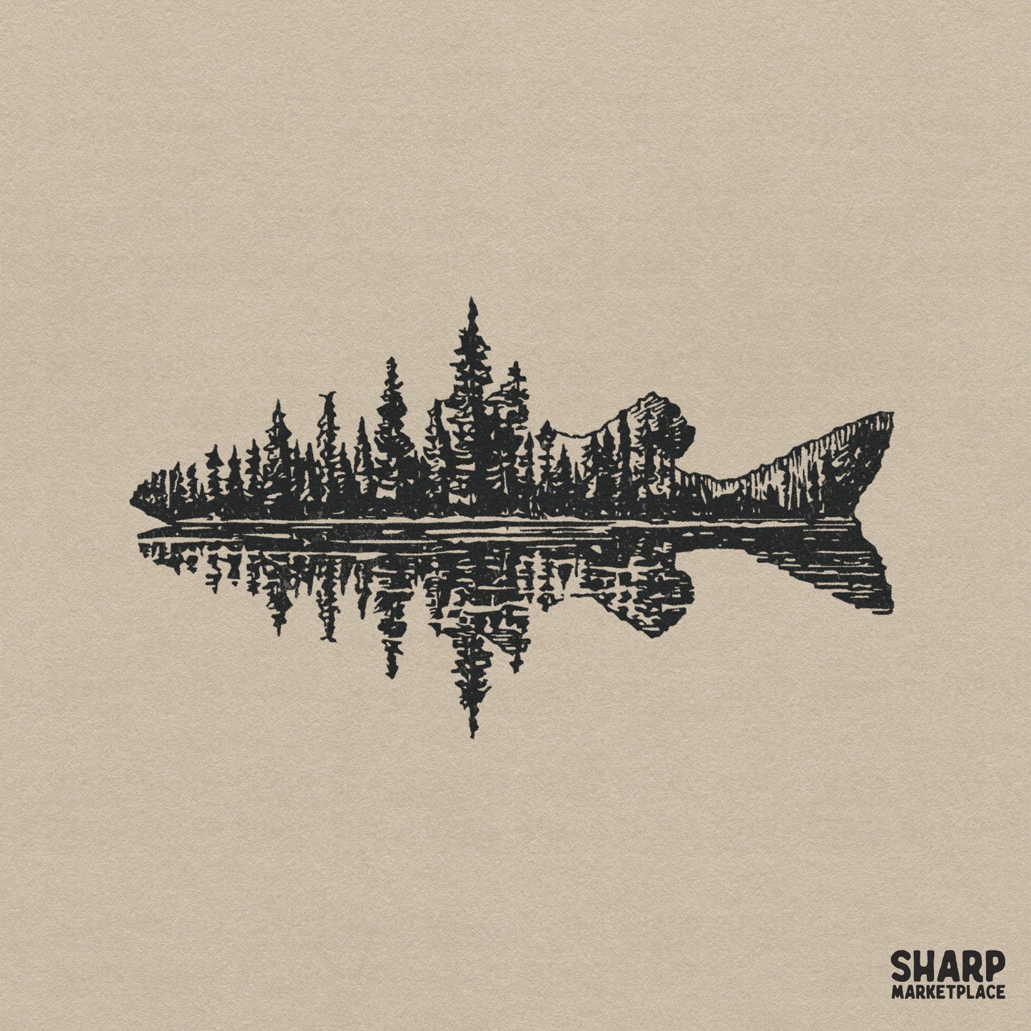Black ink silhouette of a fish filled with a pine forest and mountain lake reflection, rustic woodcut style digital art for outdoor apparel.
